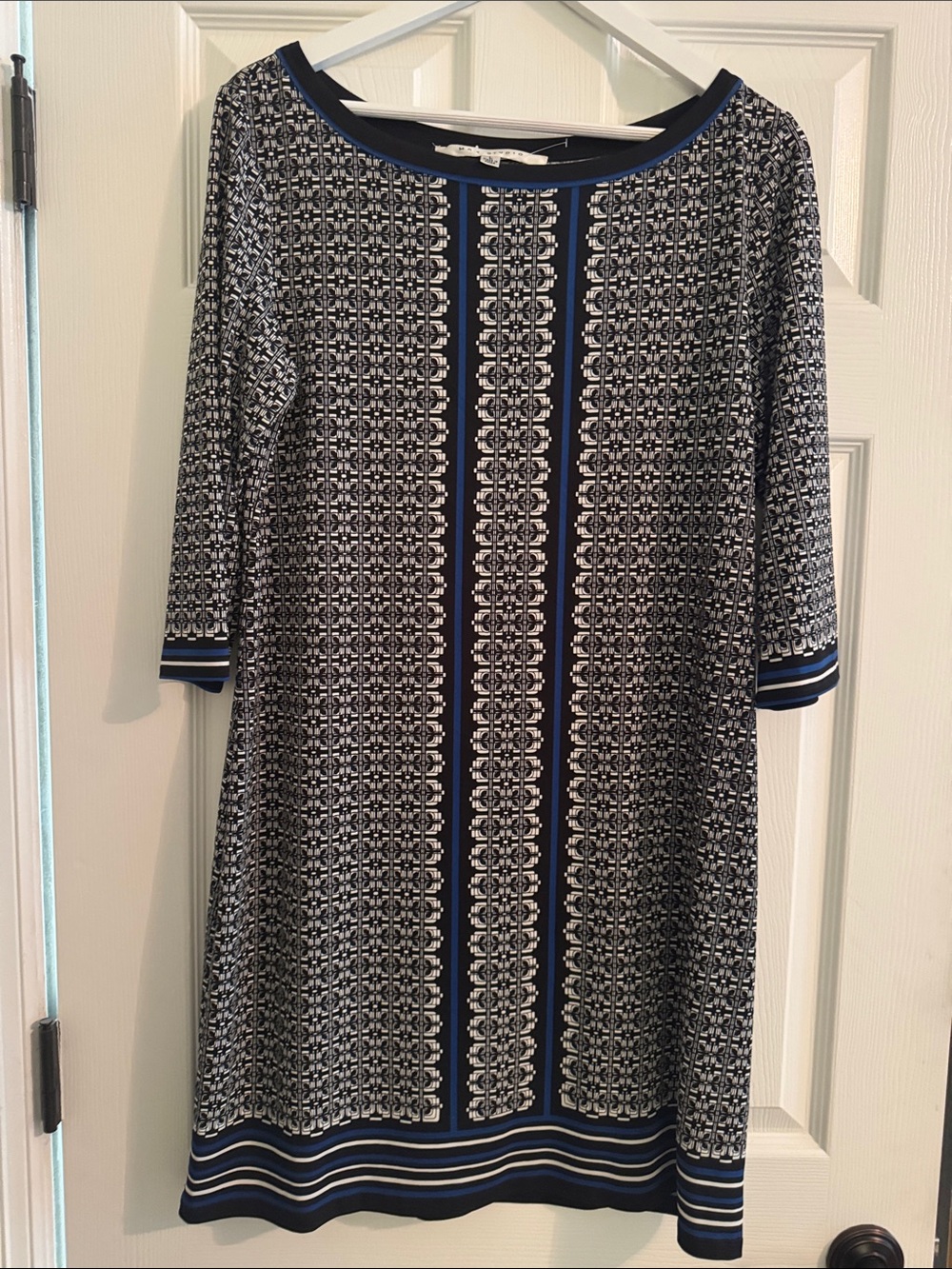 Max Studio Navy and White Patterned Midi Shift Dress